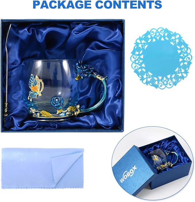 Summer Enamel Camping Tea Mug, Coffee Cup with Spoon Set Clear Glass Handmade Enamel Butterfly Flower,Mother's Day,Father's Day，Birthday,Christmas Gift(11 oz)…