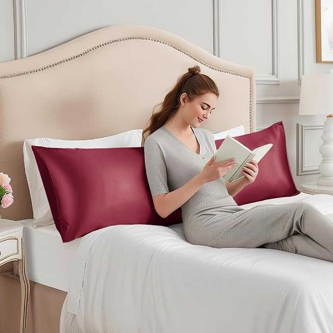 INFIIXSO Body Pillow Cover with Zipper, Luxury Mulberry Silk Body Pillow Case 20x54 Inches, Ultra Smooth and Soft Cooling Long Pillowcase, Gift for Women, Men(Burgundy) - Bloomnest
