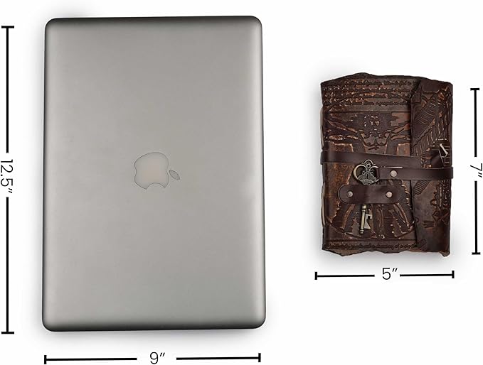 LEATHER VILLAGE Genuine Leather Handmade Journal for Men & Women – Vitruvian Man Embossed Cover – Key Closure – Book of Shadow – Vintage Deckle Edge Paper for Writing, Drawing – 7x5 Inches – Brown - Bloomnest