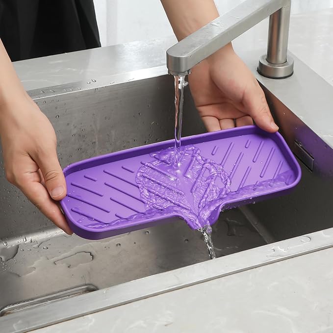 Silicone Bathroom Soap Dishes with Drain Spout-Bathroom and Kitchen Sink Organizer,Sponge Holder,Dish Soap Tray,Perfect for Dispenser,Scrubber,Bottle,Cup on Sink or Counter-Purple 12"×4" - Bloomnest