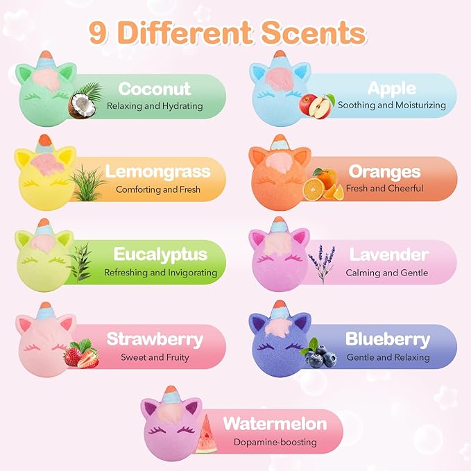 SHUCHING 9 XXL Unicorn Bath Bombs with Surprise Inside, Natural and Organic Bubble Bath Fizzy Balls for Kids, Birthday Christmas Gifts Set for Girls - Bloomnest