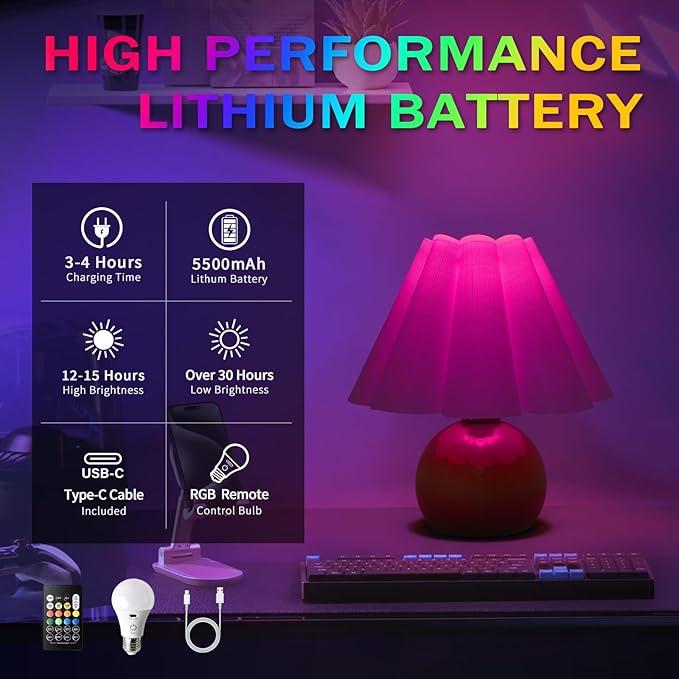 Rechargeable Crodless Small Table Lamp, Battery Operated Remote Control LIght Blue Mini Cute Table Lamps for Bedroom Nightstand, Cute Small Table Lamp for Small Spaces for Kitchen Counter, Bookshelf - Bloomnest