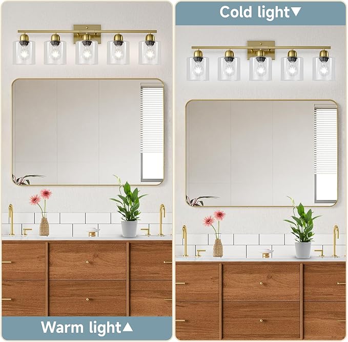 Modern Brushed Gold 5 Light Bathroom Vanity Light,31 inch Vanity Lights for Bathroom with Clear Glass for Mirror Kitchen Living Room Hallway Cabinet Porch - Bloomnest