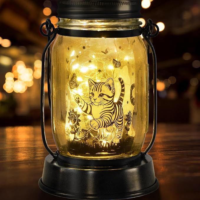 Cat Gifts Cat Solar Lanterns Cat Solar Lights Outdoor Cat Lover Gifts for Women Men Cat Lovers Gifts Hanging Cat Lanterns with Stake for Yard Lawn Garden Decor Waterproof Cat Butterfly Lantern Torches - Bloomnest