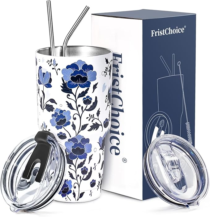 30 oz Tumbler with Lids and Straws Double Wall Insulated Tumbler Cup,Stainless Steel Vacuum Tumbler Powder Coated Travel coffee Mug for Cold and Hot Drinks,Blue and White Porcelain - Bloomnest