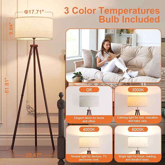 LiteHistory Wood Tripod Floor Lamps for Bedroom, Living Room, and Office, Corner lamp with Beige Linen Shade, 12W Three-Color Bulb Included, Pull Chain Switch, Gifts for mom for Home Decor, Walnut - Bloomnest