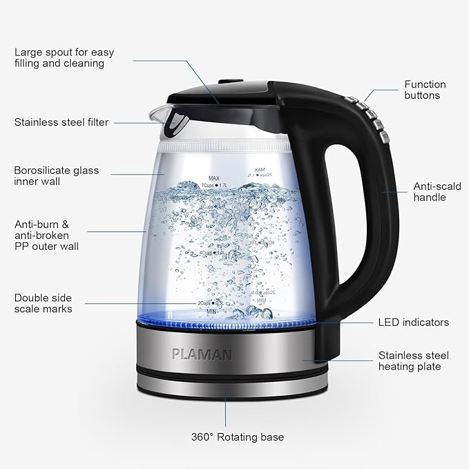 1500W Electric Kettle with Temperature Control - 6-Temp Presets for Tea/Coffee, Double Wall Cool-Touch, 4H Keep Warm, 1.7L Borosilicate Glass & BPA-Free, Fast Boil for Home/Office - Bloomnest