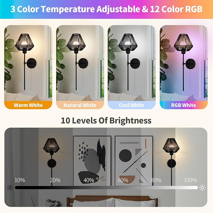 Battery Operated Wall Sconces Set of 2,Rattan Rechargeable Wall Light Dimmable with Remote Control,15 Color Changing and Timer,Boho Wireless Black Wall Lamps for Bedroom,Living Room - Bloomnest
