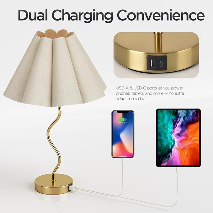 KUNJOULAM Modern Table Lamp, 3 Way Dimmable Touch Lamp USB C Charging Ports, Umbrella Form Fabric Lampshade Desk Lamp for Living Room Bedroom Home Office - Bloomnest
