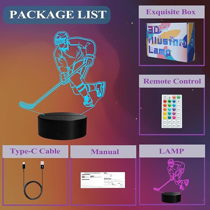 Hockey Night Light, Ice Hockey Gifts, 3D Illusion Lamp with Remote Control, 16 RGB Colors, 4 Flashing Modes, Timer, Dimmable, Kids Room Hockey Decoration Gifts for Holiday Birthday Christmas - Bloomnest