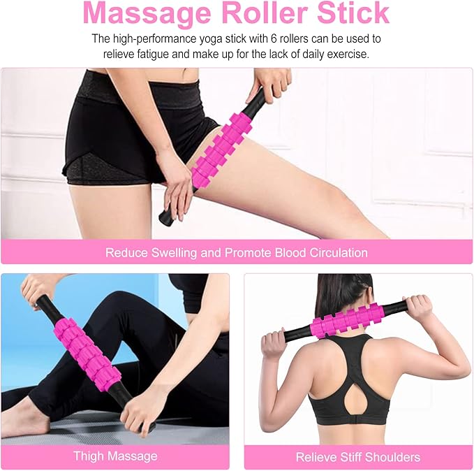 5 in 1 Foam Roller Set Includes Hollow Core Massage Roller, Yoga Stick, Massage Ball, Fitness Stretching Strap, Carrying Bag, Towel, Massage Roller (Pink) - Bloomnest