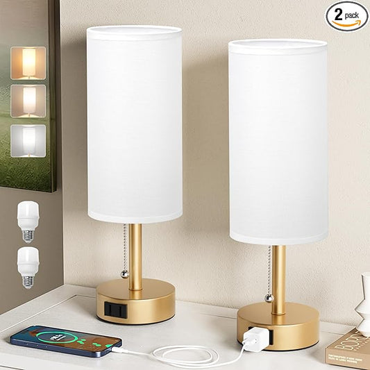 Fenmzee Gold Bedside Table Lamps Set of 2-3 Color Temperatures Pull Chain Lamp with AC Outlet Charging Port, Two Round Night Stand Lamps for Bedroom Office Living Room - Bloomnest
