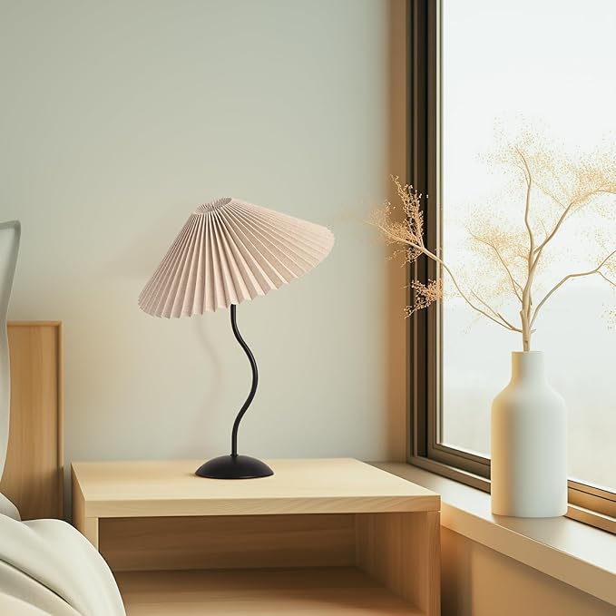 KUNJOULAM Small Pleated Table Lamp, Bedside Nightstand Lamp with Beige Lampshade Black Base, Morden Mini Lamp for Bedroom Home Office Decor, E12 Bulb Included - Bloomnest