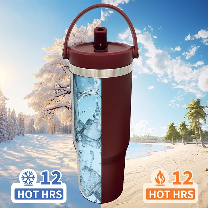 30 oz Tumbler with Handle, Double Wall Vacuum Insulated Tumblers with Flip Straw, Coffee Mug 30oz Powder Coated Cup for Hot and Cold Drinks(Red,1 pack)