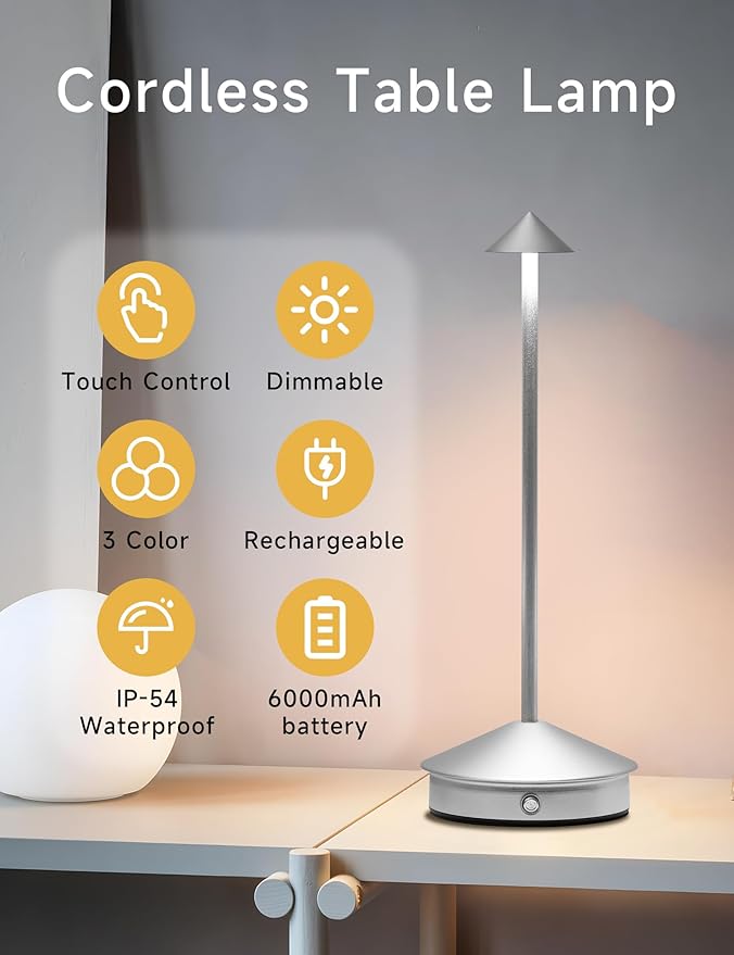 Cordless Table Lamps,LED Rechargeable Desk Lamp,Portable Modern USB Battery Operated Lights,Outdoor Waterproof Touch Dimmable,for Patio,Restaurant,Bar,Camping,Dining Home Set of 2 Silver - Bloomnest