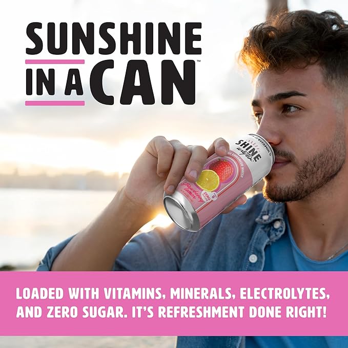 Shine Water Strawberry Lemon Vitamin D Electrolyte Drinks 12-Pack, Sugar Free Flavored Water with Magnesium, Zinc & Antioxidants, Low Calorie Hydration Beverage, Plant-Based Vitamin Water Zero Sugar - Bloomnest