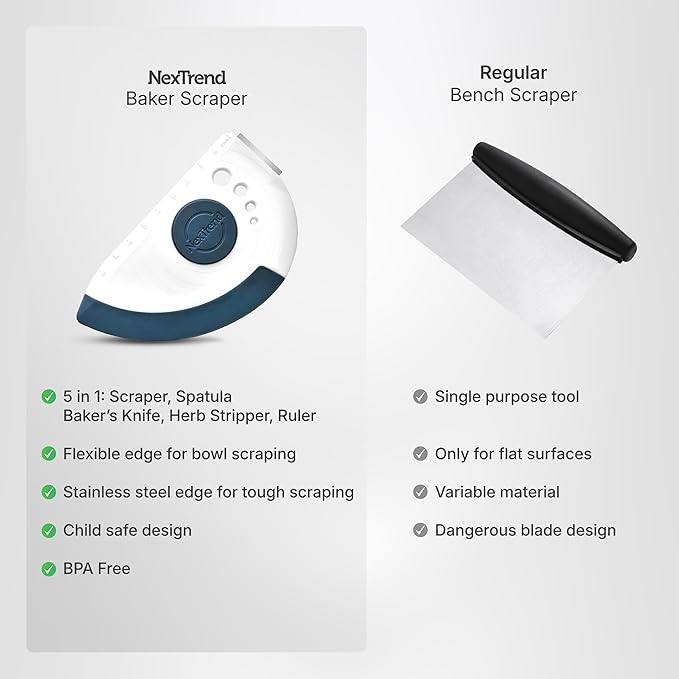 Nextrend BakerScraper – 5-in-1 Flexible Bowl Scraper, Bench Scraper and Dough Scraper with Stainless Steel Edge, Ruler & Herb Stripper – BPA Free, Dishwasher Safe - Blue - Bloomnest