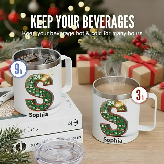 Personalized Christmas Advent Calendar Mug with Custom Name & Initial - 14oz Insulated Stainless Steel Tumbler with Handle & Lid - Unique Holiday Countdown Gift for Women, Men, Family (B62) - Bloomnest