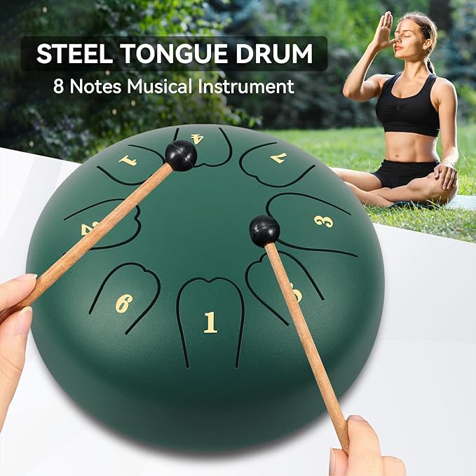 Rain Drum For Outside, Steel Tongue Drum 6 Inch 8 Notes, Tongue Drum with Mallets for Musical Education Entertainment Gifts (Dark Green, 6 Inch)