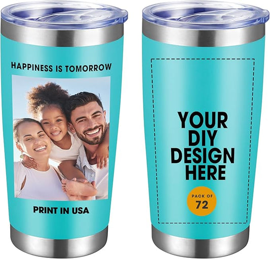 Personalized Custom Tumbler Print in USA 72 Pcs 20oz Stainless Steel Coffee Cup with Lid & Straw Double Wall Insulated Tumbler with Colorful Text Logo Photo - Bloomnest