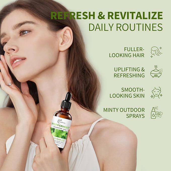 Peppermint Essential Oil 60ml-100% Pure & Natural Therapeutic Grade for Diffuser, Skincare & Hair Care-Invigorating & Refreshing Aroma for Focus, Stress Relief & Energy-Amber Glass Bottle with Dropper OKADY