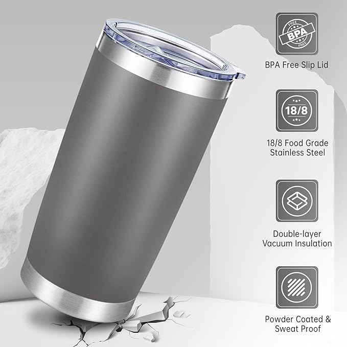 20 oz Tumbler Stainless Steel Tumblers with Lid Double Wall Vacuum Insulated Coffee Mug 20oz Powder Coated Cup for Hot and Cold Drinks, Gray, 1 pack - Bloomnest