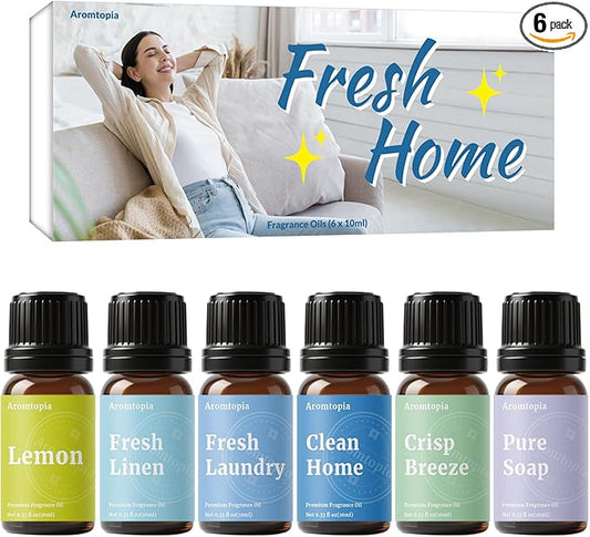 Diffuser Fragrance Oils, Aromtopia Essential Oils for Diffusers for Home, 6x10ml Fresh Home Set, Clean Scents for Candle Soap Making, Dryer Ball, Fresh Linen, Fresh Laundry, Crisp Breeze, Lemon - Bloomnest