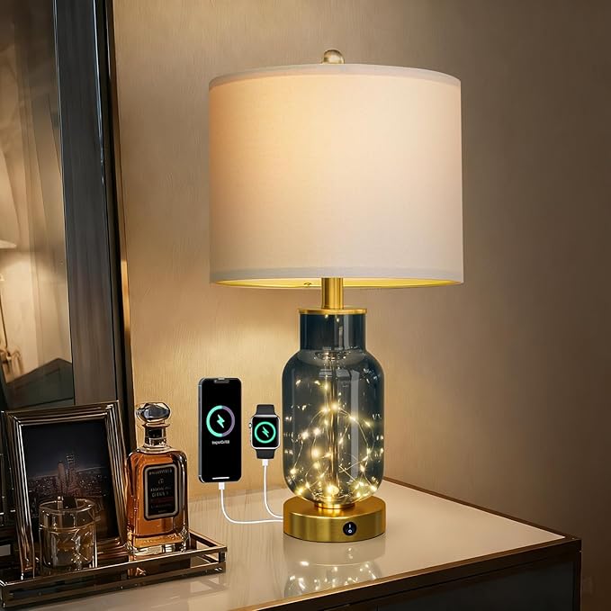 Oneach 22" Glass Table Lamps Set of 2, Blue Modern Bedside Lamp with LED Night Light for Living Room, Nightstand Lamp with USB Ports for Bedrooms, Study Room, End Table(2 Bulbs Included) - Bloomnest