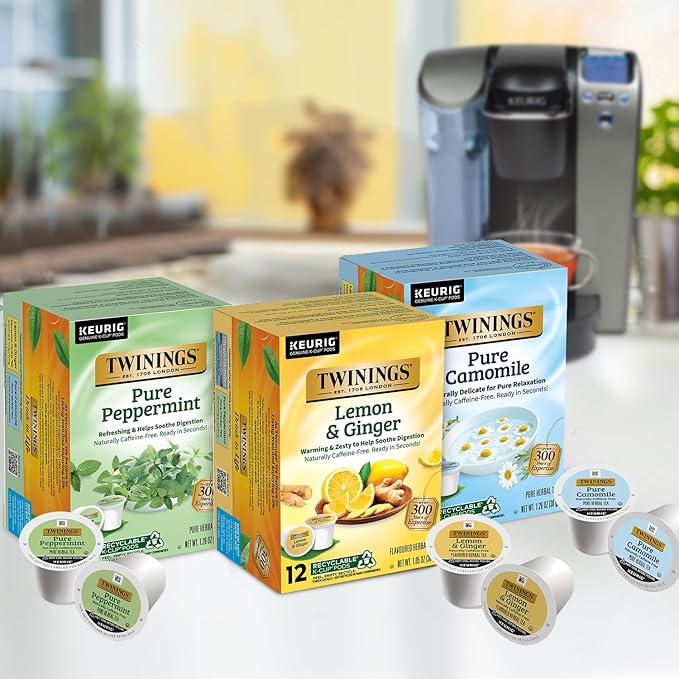 Twinings Herbal Tea K-Cup Pods for Keurig, Variety 3-Pack – Pure Peppermint, Pure Camomile + Lemon & Ginger Tea K-Cups, Naturally Caffeine-Free, 12 Count Each - Bloomnest