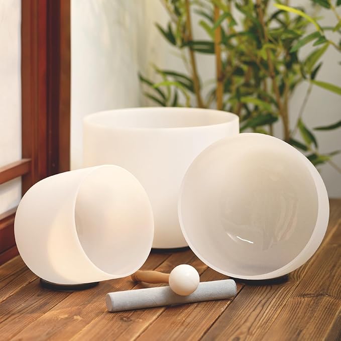 KVKA Set of 3pcs Chakra Frosted Quartz Crystal Singing Bowls Set 8-12 inch with Carrying Case - 12''C 10''F 8''B for Yoga Sound Healing