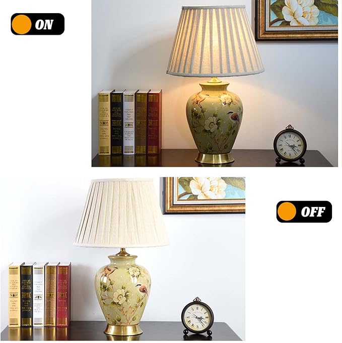 PURESILKS Vintage Ceramic Table Lamp, Hand-Painted Flower and Bird Desk Lamp, Chinese Classical Decorative Lamp with Fabric Shade, Farmhouse Table Lamp for Living Room,Bedroom, Study Room - Bloomnest