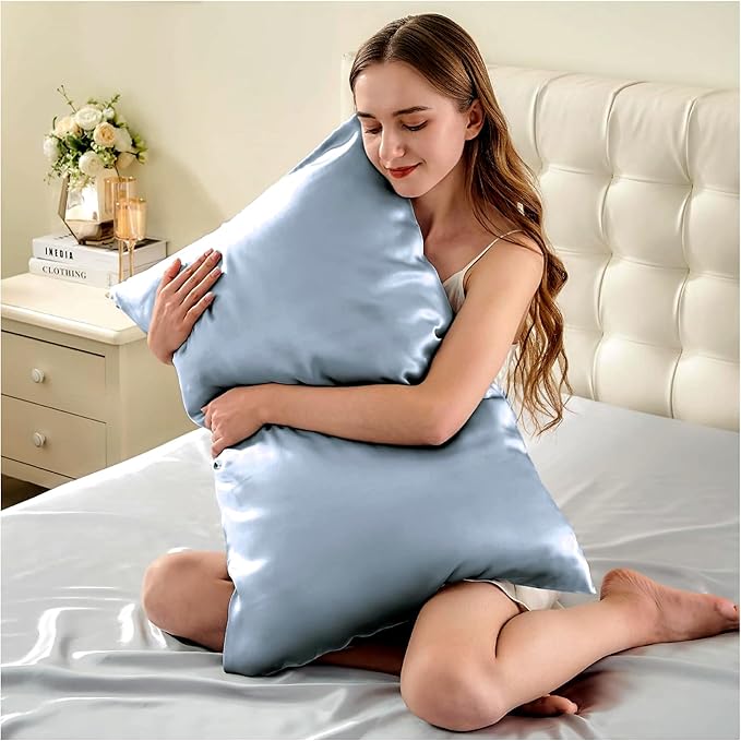 100% Mulberry Silk Pillowcase for Hair and Skin Made in USA, Real 22 Momme Silk Pillow Cases Queen, Not Satin Pillowcase, Anti Acne,Zipper Closure, 1 Pc 20"x30" (Queen, Blue Grey) - Bloomnest