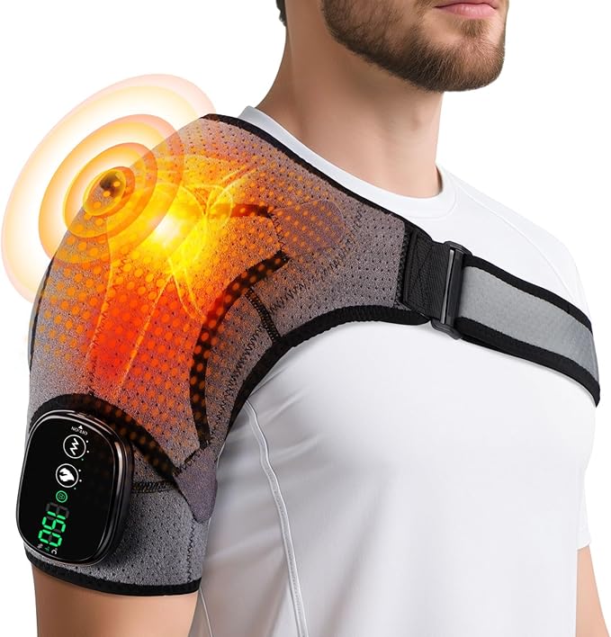 Cordless Shoulder Heating Pad with Vibration for Rotator Cuff Pain Relief, Arm Heated Massage Pad, Shoulder Support Brace with 3 Heating Levels & Vibration, Left or Right (Grey) - Bloomnest