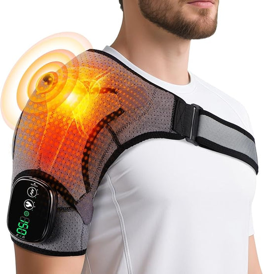 Cordless Shoulder Heating Pad with Vibration for Rotator Cuff Pain Relief, Arm Heated Massage Pad, Shoulder Support Brace with 3 Heating Levels & Vibration, Left or Right (Grey) - Bloomnest