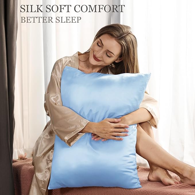 Adubor Mulberry Silk Pillowcase for Hair and Skin with Hidden Zipper, Both Side 23 Momme Silk, 900 Thread Count (20x36inch, King Size, Sky Blue, 1pc) - Bloomnest