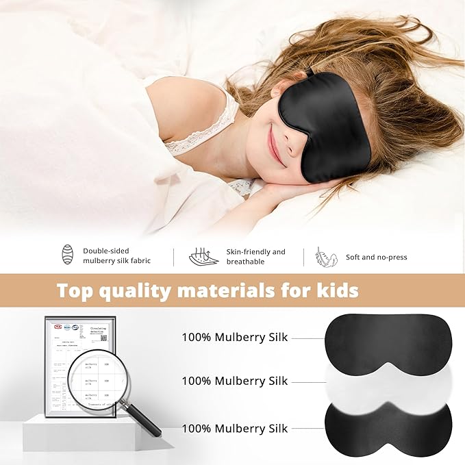 Kids Sleep Mask Eye Cover, 100% Real Natural Pure Silk Eye Mask with Adjustable Strap, Blindfold Kids Eye Mask for Sleeping, Eye Shade for Boys Girls and Adult, Pressure-Free Comfort (Black) - Bloomnest