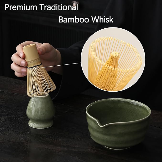 Matcha Set, Matcha Bowl with Spout, Matcha Whisk and Holder, Bamboo matcha Scoop and Stainless Sifter - 5 Pcs Jade Green Matcha Set Kit for Matcha Lover - Bloomnest