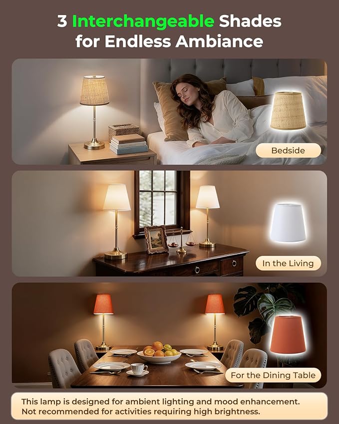 Gold Cordless Rechargeable Table Lamp, Touch LED Bedside Lamp, 5200mAh Battery Operated Lamp, 3 Shades + 3 Color Stepless Dimming, Portable Wireless Small Table Lamp for Bedroom,Kitchen - Bloomnest