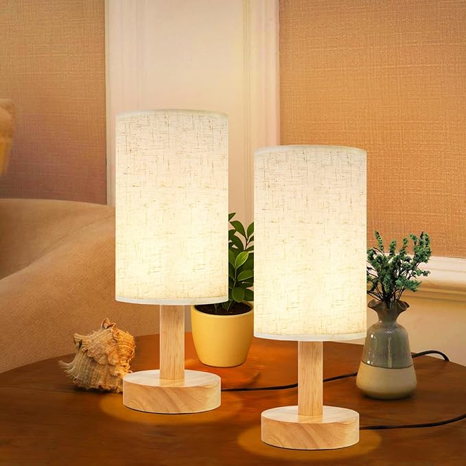 Small Bedside Table Lamps for Bedroom Set of 2,Natural Round Wood Base&Fabric Linen Shade,Cozy Night Light for Study Reading,Minimalist Boho Desk Lamp for Nightstand,Living Room,Nursery,Kitchen,Dorm - Bloomnest