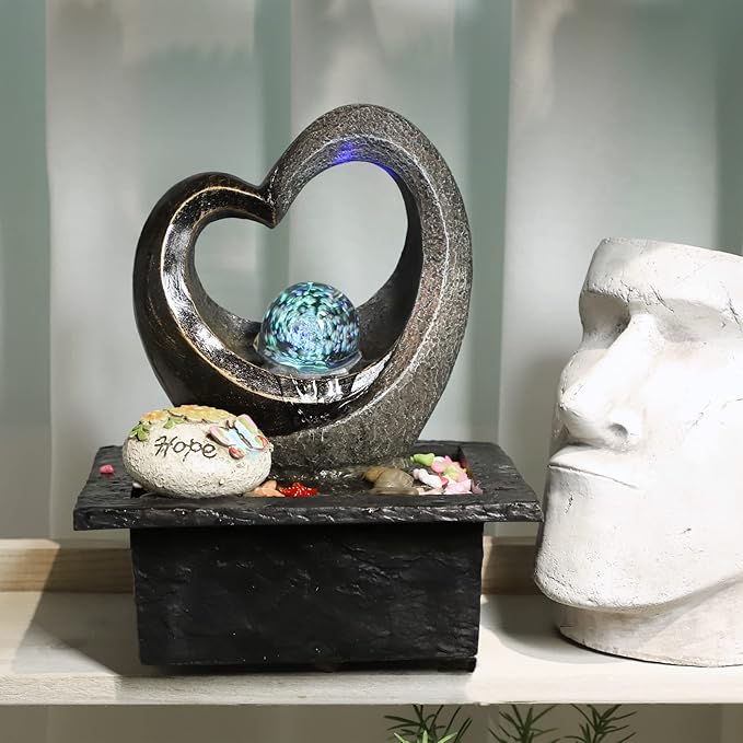Ferrisland Tabletop Water Fountain, Zen Meditation Indoor Waterfall Fountain, Heart Shape Decoration with LED Light for Home Office Bedroom Relaxation Decor, Gift Ideas - Bloomnest