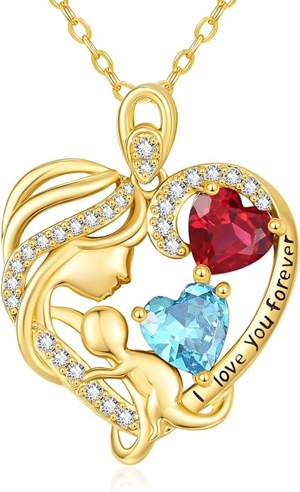 14K Gold Double Birthstone Heart Necklace for Women Mom, Mother Son/Daughter Pendant Necklace for Christmas Mother's Day Birthday Gifts for Wife Daughter Grandmom - Bloomnest