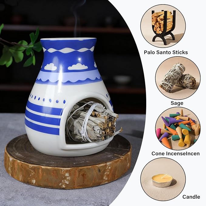 Handcrafted Palo Santo Burner – Hopi-Inspired Ceramic Incense Dish for Aromatherapy – Suitable for Sage, and Cone Incense – Ideal for Energy Cleansing, Yoga, Meditation, Zen, Altar Décor MOUGIGI