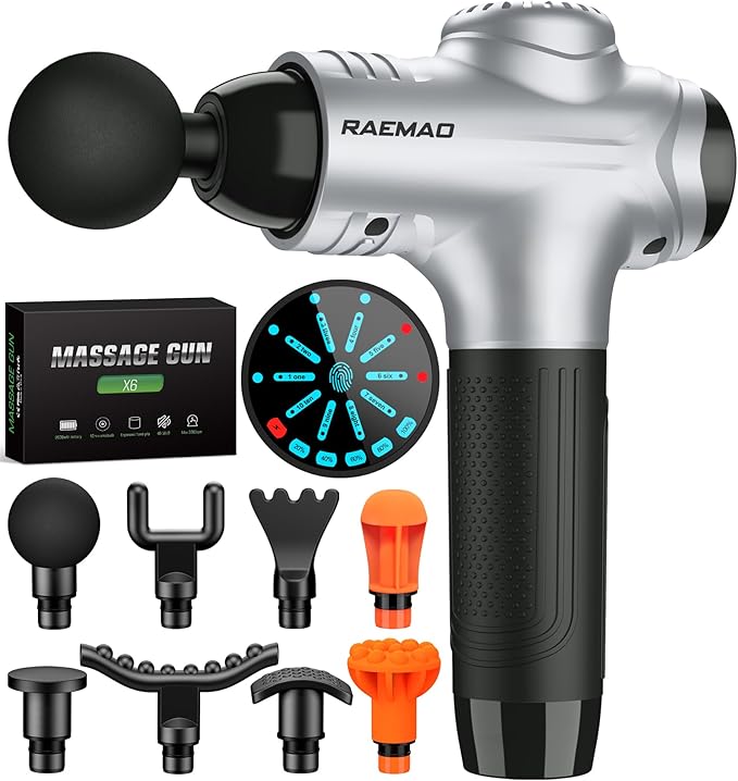 RAEMAO Massage Gun, Handheld Electric Deep Tissue Muscle Massager for Athletes for Pain Relief Attaching 8 Replacement Heads, Percussion Massager with 10 Speeds, Father's Day Gifts, Silver - Bloomnest