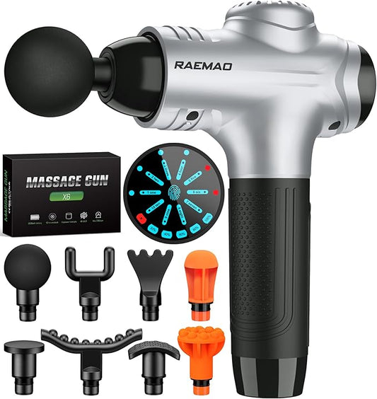 RAEMAO Massage Gun, Handheld Electric Deep Tissue Muscle Massager for Athletes for Pain Relief Attaching 8 Replacement Heads, Percussion Massager with 10 Speeds, Father's Day Gifts, Silver - Bloomnest