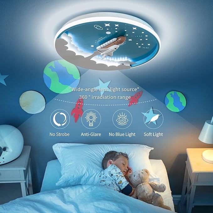 Modern Ceiling Light Fixtures Dimmable LED Kids Room Ceiling Lamp 20" Kitchen Ceiling Light with Remote Control 3000k-6000k Blue Cartoon Rocket Semi Flush Mount Ceiling Lights for Bedroom - Bloomnest