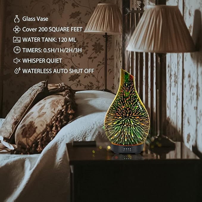 Essential Oil Diffuser 120ml Ultrasonic Aromatherapy Diffuser with Handmade Glass with Auto Shut-Off Protection 4 Timer Setting 7 Colors Changed LED Diffuser for Home Yoga Office Gifts for Women - Bloomnest