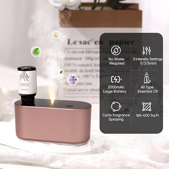 Waterless Diffuser for Essential Oil, Battery Operated Scent Air Aromatherapy Diffuser, Mini Aroma Diffusers with 3 Intermittent Mist Modes, Cycle Start for Home Office Bedroom - Rose Gold - Bloomnest