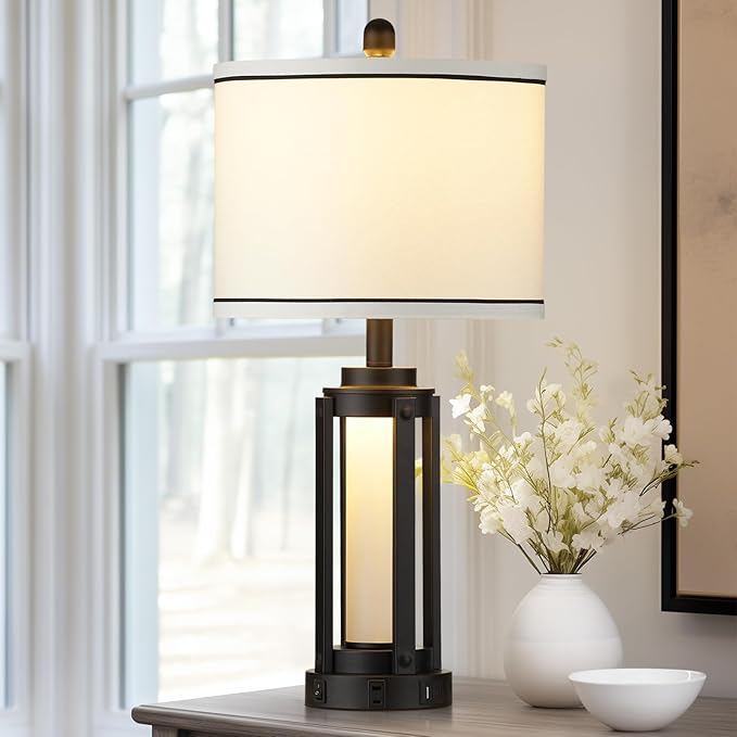 26" Modern Table Lamp with USB A+C Charging Ports & AC Outlet, Industrial Beside Contemporary Lamp Glass LED Night Light for Living Room Bedroom Nightstand End Table Single Black(2 Bulbs Included) - Bloomnest
