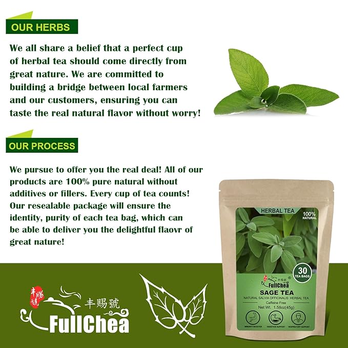FullChea - Sage Tea Bags - 30 Count X 1.5g - Premium Natural Cut & Sifted Sage Leaf - Non-GMO - Caffeine-free - Rich in Antioxidants & Respiratory Support - Bloomnest