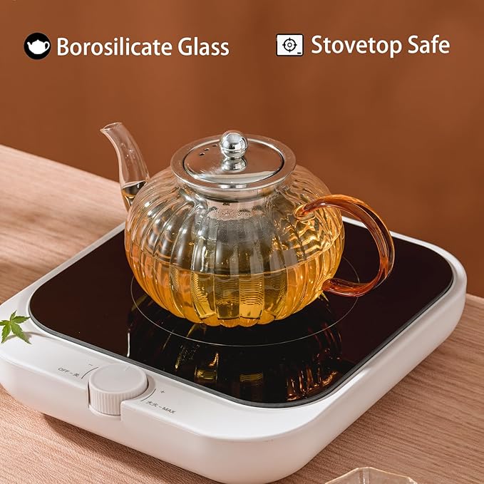 Glass Teapot 33.8oz/1000ml, Glass Tea Kettle with Removable Infuser, Pumpkin Shape Hand Blown Teapot for Blooming Flower Tea and Loose Leaf, Tea Lover's Choice - Bloomnest